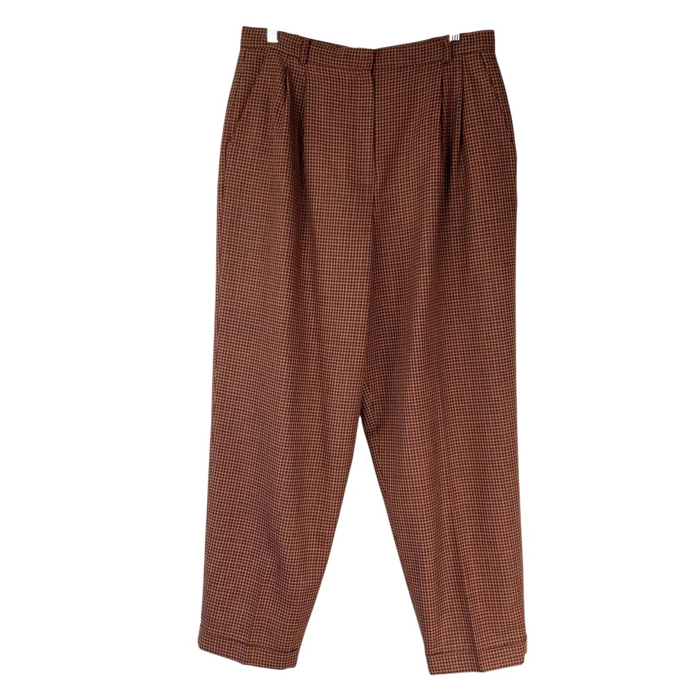 Liz Claiborne Petite Brown Houndstooth Wool Trousers 14P Zip High Rise Pleated